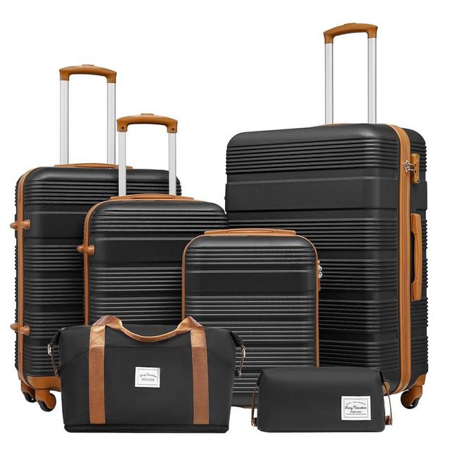 LONG VACATION Luggage Set 4 Piece ABS Hardshell Suitcase with TSA Lock Spinner Wheels Lightweight Carry on Luggage (6 piece set, BLACK-BROWN)