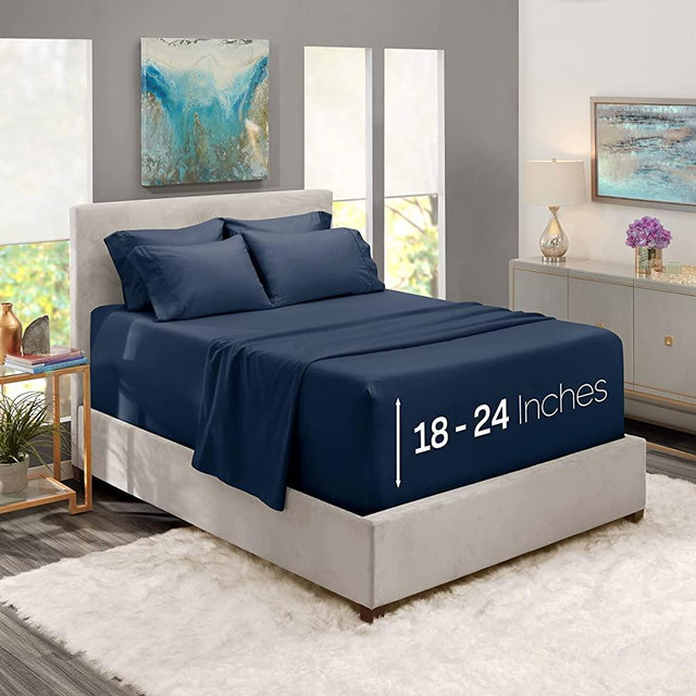 Nestl Extra Deep Pocket Bed Sheet Set – 6-Piece Hotel Bed Sheet Set Deep Pocket Bed Sheets 18-24 Inch Deep Pockets – Fitted Sheet, Flat Sheet and 4 Pillowcases – Queen – Navy Blue