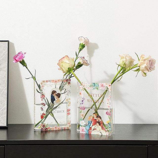 PORPAN Book Vase, Acrylic Book Vase for Flowers, A Book About Flowers Vase, Book Shaped Vase, Book Flower Vase Clear, Modern Decorative Vase for Living Room, Bathroom, Office, Shelf, Set of 2