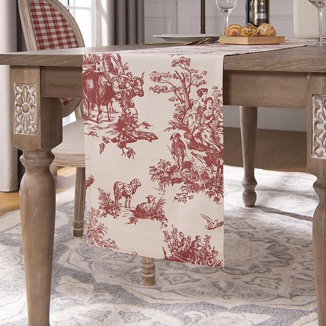 Red Table Runner for Kitchen,Rustic Vintage Toile Floral Patterned Cream Beige Ivory Canvas English Country Cottage Western Antique Table Runners for Dining Room Valentines Coffee Decor,72 Inches Long