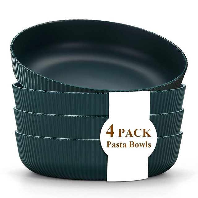 Kyraton Pasta Bowls Set of 4, 37oz Salad Bowls Soup Bowls Large Pasta Serving Bowl Plastic Unbreakable Serving Dishes Dinner Bowls (Dark Green)