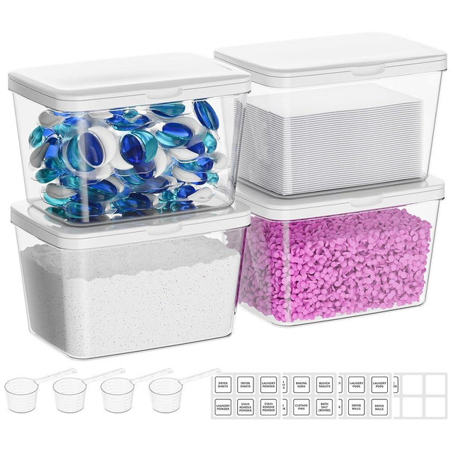 Vtopmart 4 Pack Laundry Pods Container and Dryer Sheet Holder, Detergent Powder Container with Lids &Labels & Scoop for Laundry Room Organization, Laundry Storage for Powder, Pods, Scent Booster Beads