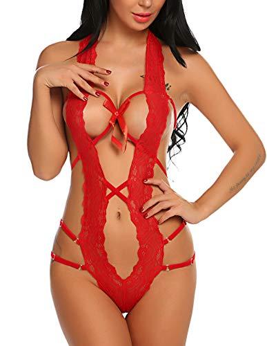 Avidlove Women Deep V Halter Lingerie Teddy One Piece Bodysuit Lace Babydoll