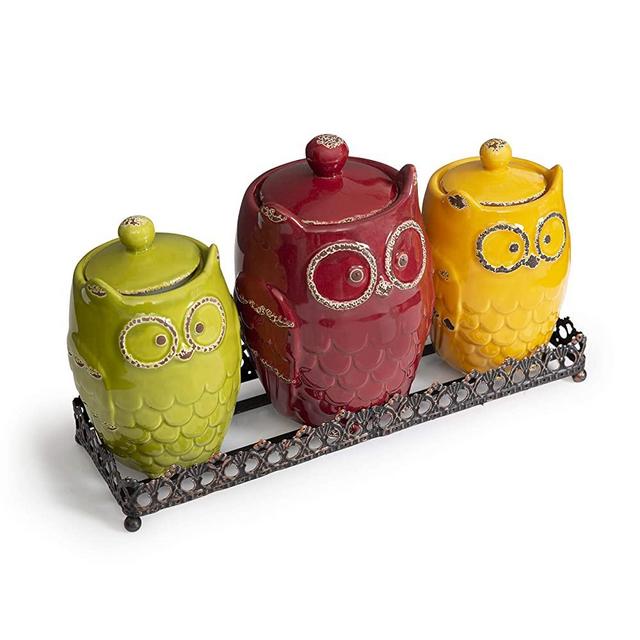 Kitchen Canister Set & Metal Tray- Ceramic Canister Set with Base- Earthenware Owl Design Kitchen Canister- Chef Deluxe Kitchen Canister