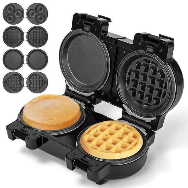 Mini Waffles Maker with 8 Removable Plates, 4 in 1 Double Small Waffle Maker Mini- Waffle, Heart Waffle, Pancake, Donut, 5" Non Stick Waffle Iron for Kid, Use One/Both Sides By the Button On the Back