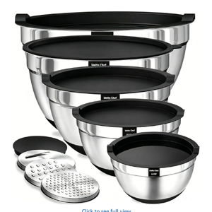 Umite Chef Mixing Bowls with Airtight Lids, 8PCS Stainless Steel Nesting Mixing Bowls Set, 3 Grater Attachments & Non-Slip Bottoms, Black Kitchen Bowls, Size 5, 4, 3.5, 2, 1.5QT for Baking & Serving