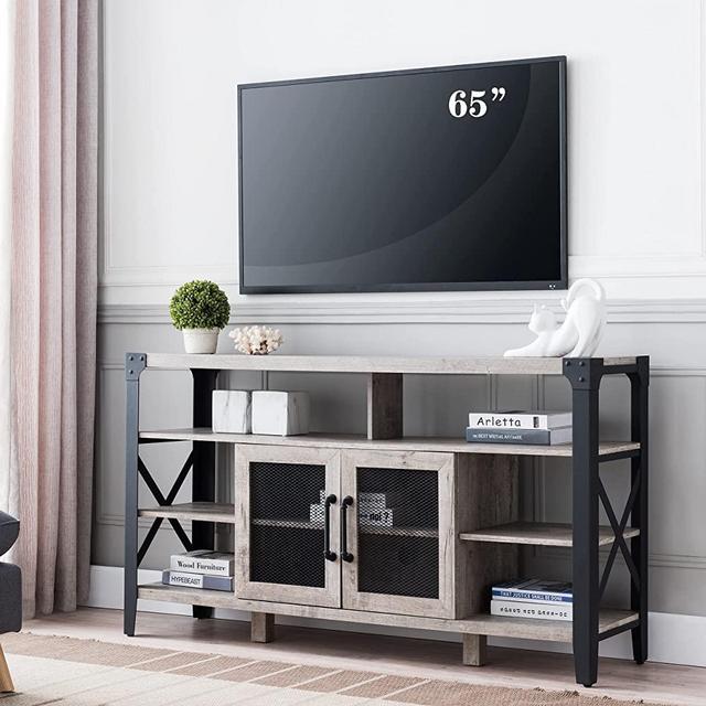 OKD TV Console, Large Entertainment Center, White Rustic Wood TV Stand with Side Metal X-Frame, TV Media Cabinet with Storage Shelves and Cabinets, for TVs Up to 65 Inch, Light Rustic Oak