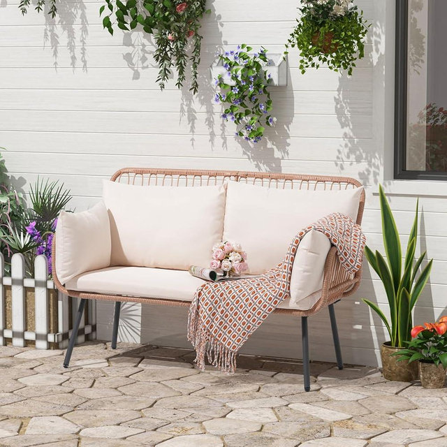 Verano Garden Patio Loveseat, Outdoor Balcony Furniture, Wicker Patio Set with Cushions & Pillows, Patio Furniture Couch for Porch, Backyard, Deck, Poolside (Cream White)