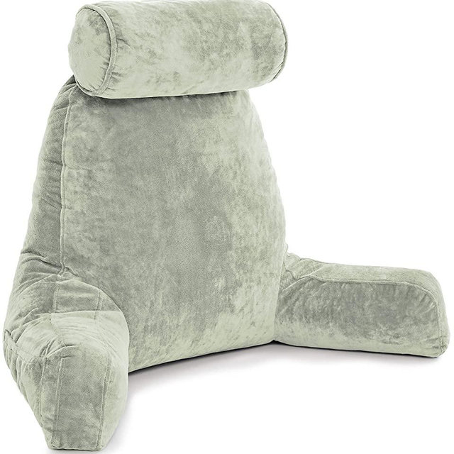 XXL Husband Pillow Desert Sage Backrest with Arms - Adult Reading Pillow Shredded Memory Foam, Ultra-Comfy Removable Microplush Cover & Detachable Neck Roll, Unmatched Support Bed Rest Sit Up Pillow