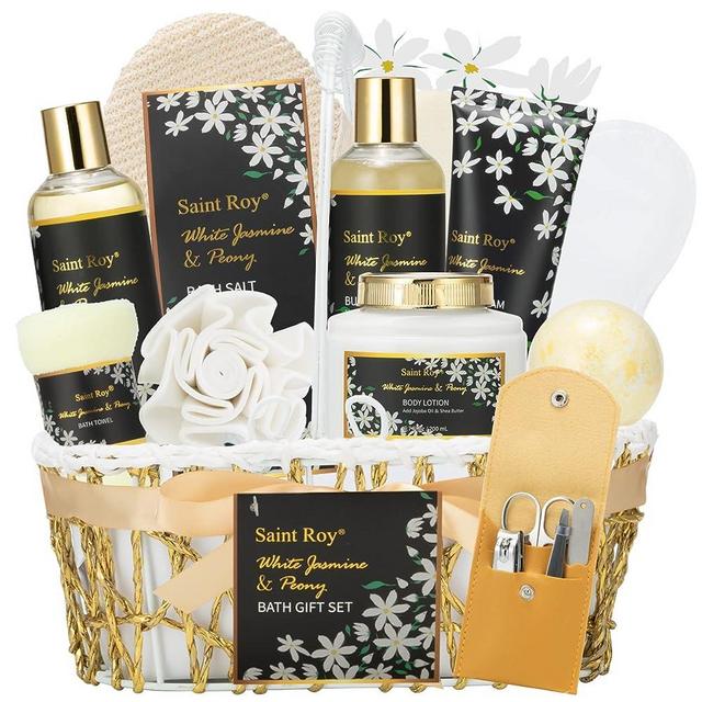 Spa Gifts Set Bath Gift Sets Relaxing Spa Gift Baskets 12pcs White Jasmine & Peony Skin Care Bath and Body Gift Set Bath Kit with Body Lotion, Bubble Bath, Gift Sets for Women Birthday