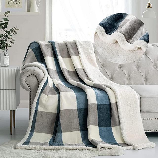 PU MEI Sherpa Fleece Throw Blanket 50" x 60" Reversible Plush Fluffy Lattice Flannel Blankets for Sofa Couch Bed, Grey-Blue