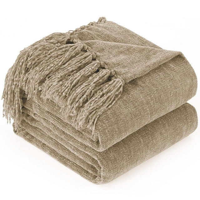 GINAMUSE Chenille Throw Blanket for Couch with Tassels,50"X60" Soft Cozy Lightweight Knitted Boho Decorative Blankets for Bed and Sofa,Taupe