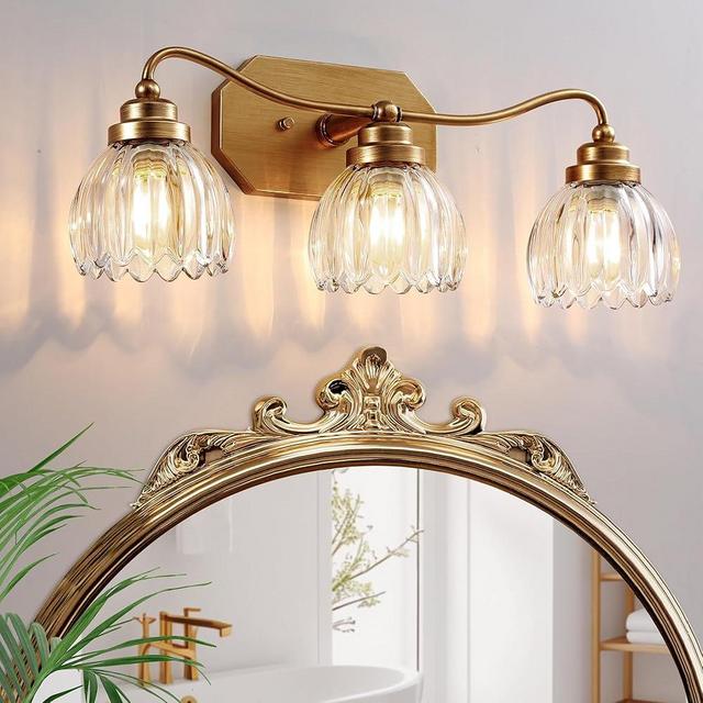 CmnVmn Vintage Bathroom Light Fixtures, 3 Light Gold Bathroom Vanity Light, Matte Antique Brass Finish with Crystal Glass Shade, Wall Sconces Lighting for Bedroom, Living Room, Hallway