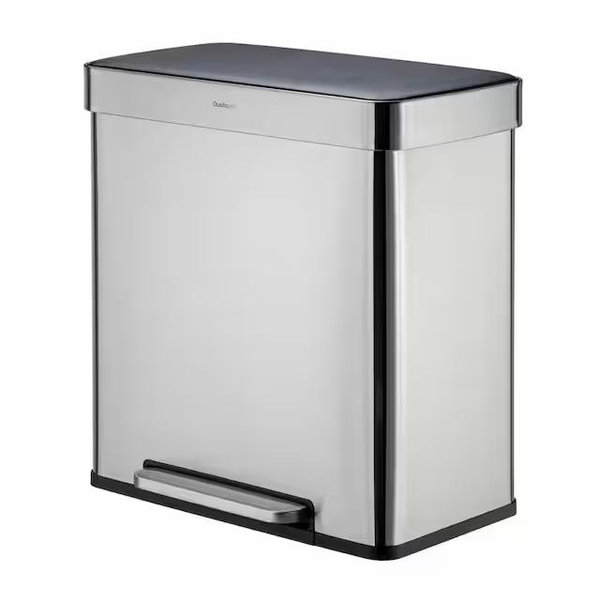 Qualiazero 16 Gal. Dual Compart Stainless Steel Recycle Trash Can, Step-on, Rectangle Shape AMZ10040