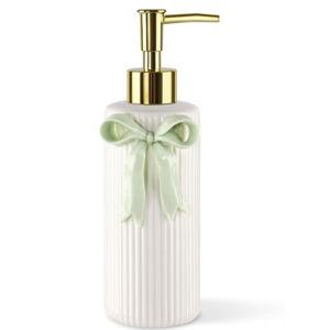 Handmade Ceramic Bow Soap Pump Dispenser Hand Lotion Liquid Dispenser Refillable for Kitchen and Bathroom Decorative (Ribbon Green)