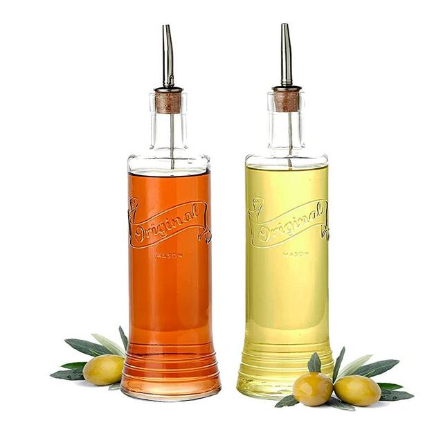 Mason Jar Oil and Vinegar Cruet Bottles - Set of 2 - 16.9oz - Authentic Original Olive Oil Glass Dispenser Set, Leak Free, Strong Stainless Steel Top with Weighted Pourer & Cork Base, Farmhouse Décor