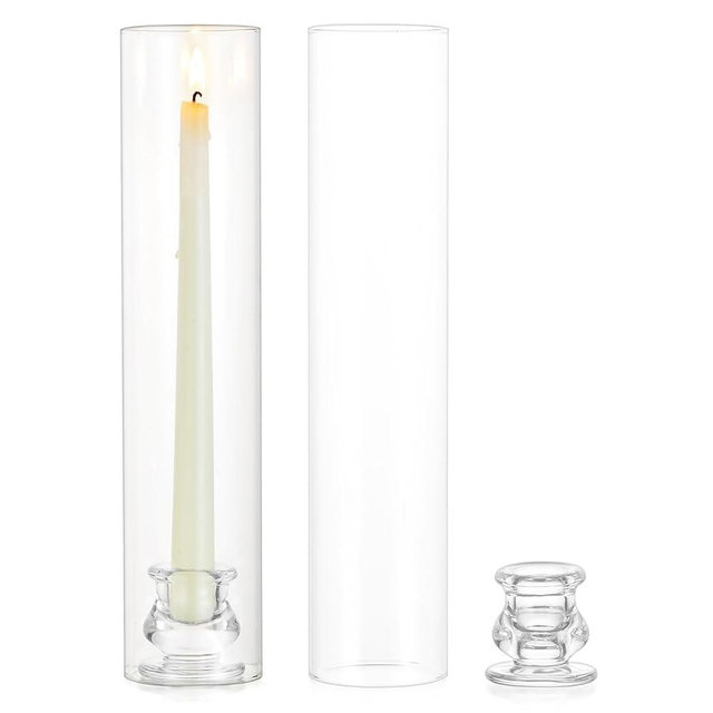 Inweder Glass Hurricane Candle Holder: 12" Tall Candlestick Holder with Cylinder Windproof Cover Clear Taper Candle Holders for Wedding Party Birthday Christmas Home Decor Set of 2