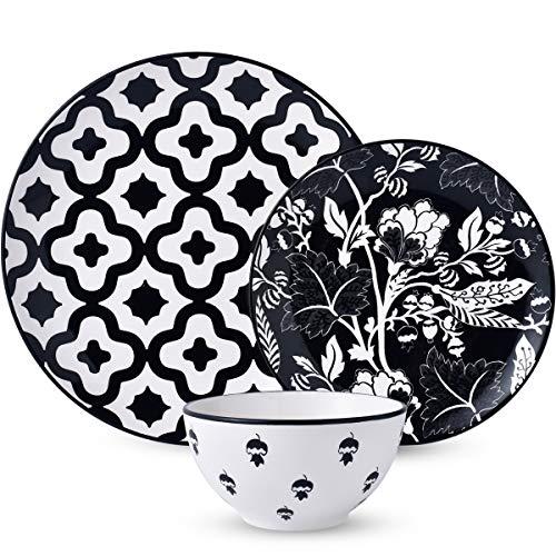 12-Piece Dinnerware Set，Wisenvoy Dishes Dinner Plate Set Service for 4, Black Ceiba