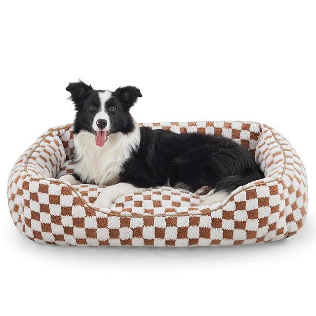 JOEJOY Dog Bed for Large Medium Small Dogs - Rectangle Orthopedic Dog Sofa Bed, Cute Modern Puppy Bed with Jacquard Shaggy Plush & Anti Slip Bottom, 30x24x9inches, Brown