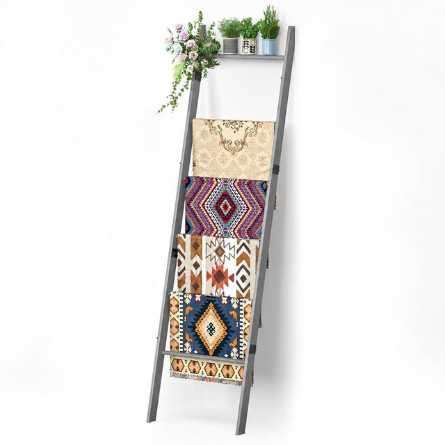 BAMBANG 6-Tier Blanket Ladder for Living Room, Blanket Quilt Ladder Rack Rustic Decorative Towel Holder, Wall Leaning Blanket Ladder Shelf Storage Farmhouse Decor for Bedroom Bathroom, Gray