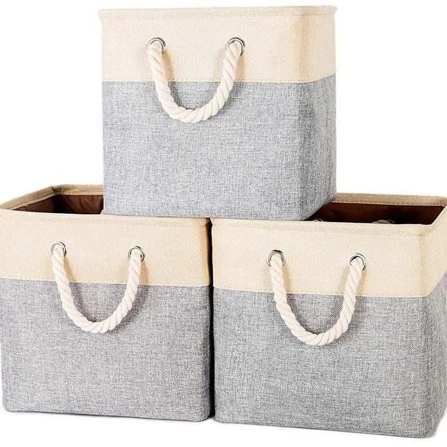 Foldable Storage Cubes, 13 x 13 x 12.75'' Collapsible Storage Bins, Linen Cotton & TC Fabric, for Shelf Closet Cabinet Nursery Home Office Organizing - (3 Pack, Grey & Beige)