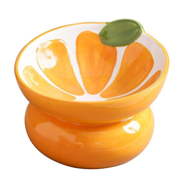 Yeexoxow Ceramic Raised/Elevated Cat Food Bowl for Indoor Cats, Anti Vomiting & Protect Pet's Spine, Cute Fruit Themed Tilted Cat Dish for Flat Faced Cats and Kitten (Orange Shaped)