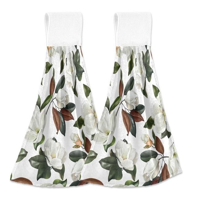 susiyo White Magnolias Flowers Kitchen Towel 2 Pcs Absorbent Soft Hanging Hand Towel Dish Towel for Kitchen Bar Decor