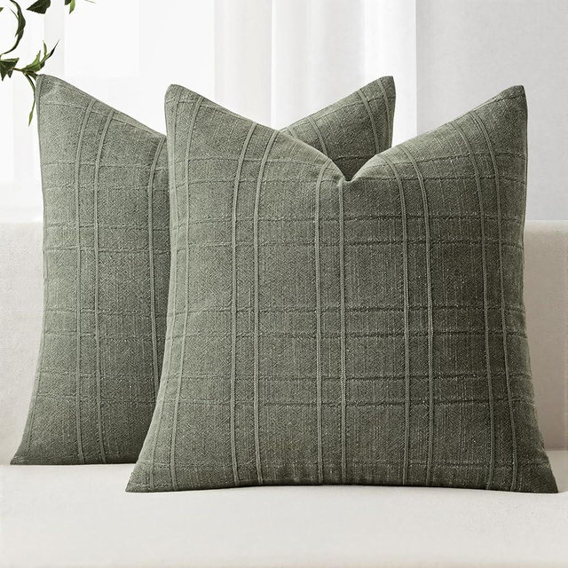 MIULEE Decorative Linen Check Euro Shams Throw Pillow Covers Neutral Farmhouse Vintage Spring Pillow Covers 28x28 Set of 2 Boho Modern Home Decor for Sofa Couch Bedroom Cushion Olive Green