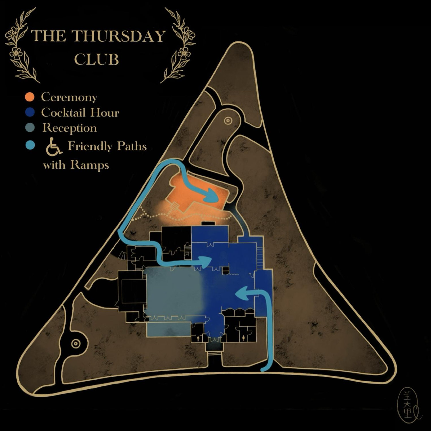 Here is a map Milla drew of the venue for you all. Please enter the venue at the light blue arrow at the bottom of the map. If you have any questions please check our FAQs!