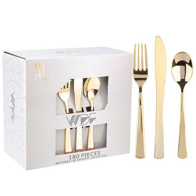 WDF 180 Pieces Disposable Plastic Gold Silverware Cutlery - Plastic Flatware Set 60 Forks, 60 Knives and 60 Spoons - Heavy Duty Gold Plastic Cutlery - Gold Utensils for Party, Wedding,Birthday