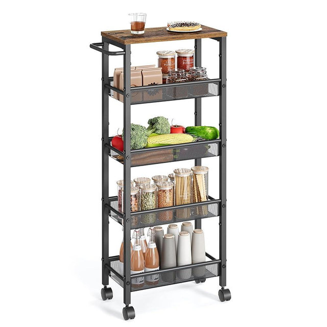 VASAGLE Slim Rolling Cart, 5-Tier Storage Cart, Narrow Cart with Handle, 8.7 Inches Deep, Metal Frame, for Kitchen, Dining Room, Living Room, Home Office, Rustic Brown and Black ULRC035B01