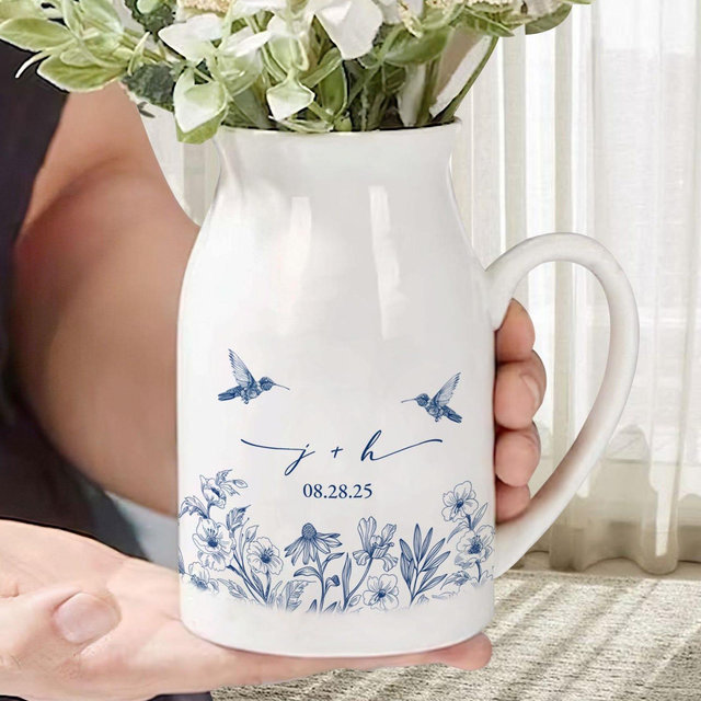 Custom Engaged Ceramic Flower Vase, Toile De Jouy Engagement Keepsake, Engagement Gift, Anniversary Wedding Gift Couple, Bridal Shower Gift