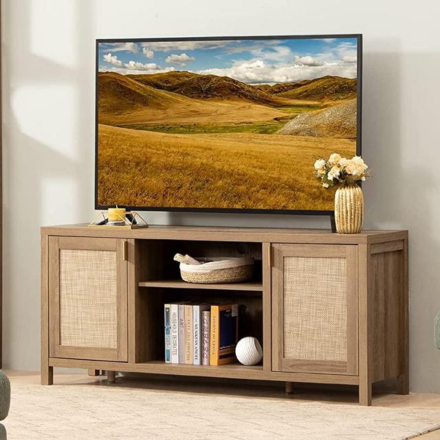 SICOTAS Boho TV Stand for 55/65 Inch TV - Rattan TV Console with Storage and Adjustable Shelves, Entertainment Center, Media Console, Modern Wood TV Stands for Living Room, Bedroom, Oak, 59 Inch