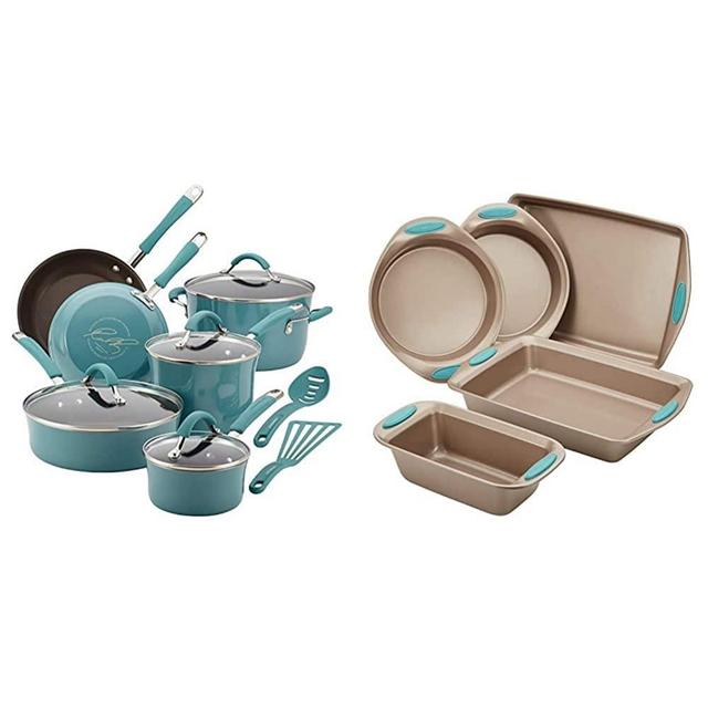 Rachael Ray Cucina Nonstick Cookware Pots and Pans Set, 12 Piece, Agave Blue & Cucina Nonstick Bakeware Set with Grips includes Nonstick Bread Pan - 5 Piece, Latte Brown with Agave Blue Handle Grips
