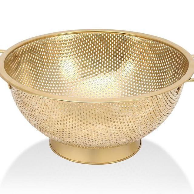 Gold Strainer for Kitchen, 5QT, Stainless Steel Colander with Handle for Fruits Vegetables Cooking Food, Dishwasher Safe