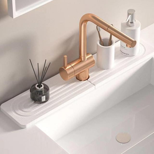 Fachoige Stone Faucet Mat for Kitchen Sink, 15.7'' Long Absorbent Diatomite Sink Faucet Mat, Quick Drying Faucet Splash Guard for Kitchen,Bathroom Counter, Prevents Moisture, Super Absorbent, White