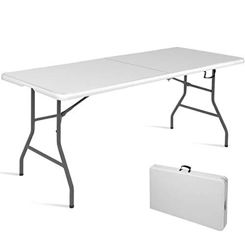 Goplus 6' Folding Table Indoor Outdoor Dining Camp Table Portable Plastic Picnic Table with Rounded Corners & Handle, Black (Off White)