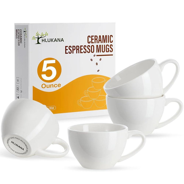 Hlukana Porcelain Espresso Cups Set of 4, 5 oz Small Coffee Mugs, White Demitasse Cups Perfect for Espresso Machine and Coffee Maker, Microwave Dishwasher Safe Espresso Cups