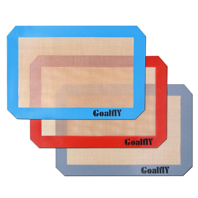 Goalfly Small Silicone Baking Mat Sheet (11.8 x 7.8 IN), 3 Pieces Non-stick Baking Mat Set, Reusable Silicone Mat for Oven, Toaster, Baking Tray, Baking Pan (Red, Blue, Grey)