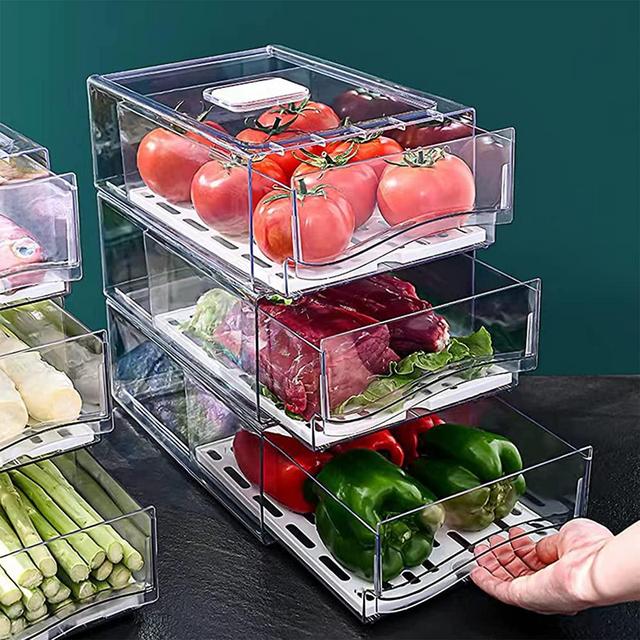 WAVELUX Produce Saver Containers for Refrigerator, Food Fruit Vegetables  storage, 3 Pcs Stackable Freezer Fridge Organizer, Fresh Keeper Drawer Bin