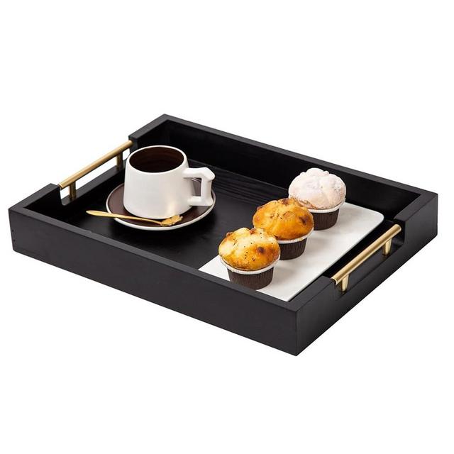 Decorative Coffee Table Ottoman Trays Modern Wood Elegant 16"x12" Rectangle Glossy Shagreen Serving Trays with Gold Metal Handles -Drinks, Liquor Serving Platter for All Occasion's(Black)