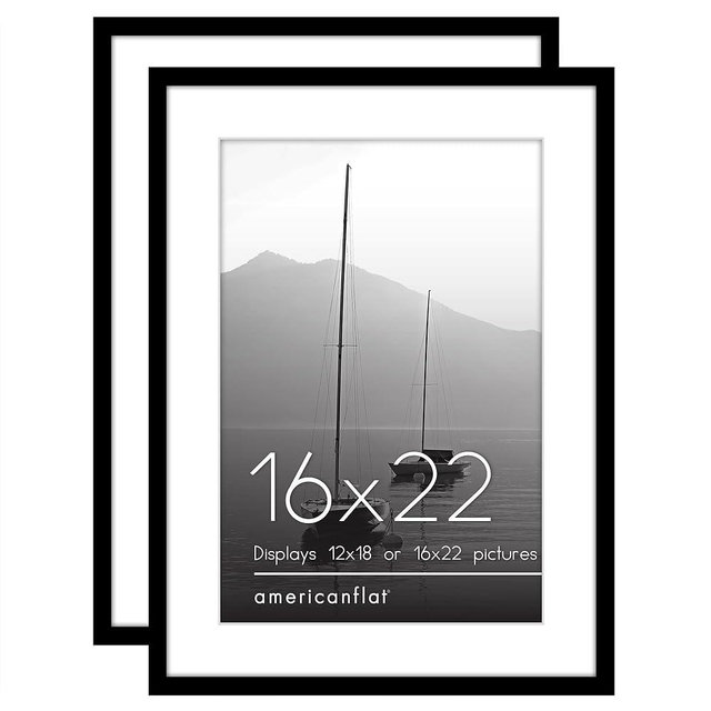 Americanflat 16x22 Picture Frame with Polished Plexiglass - Set of 2 - Use as 12x18 Frame with Mat or 16x22 Frame Without Mat - Galleria Collection - Gallery Wall Frame Set for Wall Display - Black