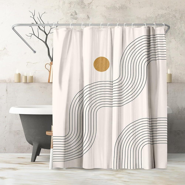 Americanflat 71x74 Boho Shower Curtain - Water-Resistant Long Shower Curtain with Durable Metal Grommets and 12 Hooks - 100% Polyester - Warm Beige, Black, and Ochre Yellow