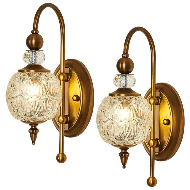 Piepooye Vintage Gold Wall Sconce Set of Two Mid Century Brushed Brass with Glass Globe Shade Vanity Light Indoor G9 Bulb Wall Light for Bathroom Farmhouse Bedroom Living Room Hallway