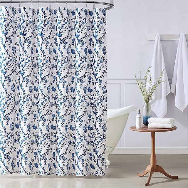 Laura Ashley Home | Elise Collection | Shower Curtain-100% Cotton & Lightweight, Stylish Floral Design, Machine Washable for Easy Care, 72 x 72, Blue