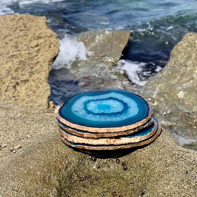 Agate Coaster Set of 4 - Gold Rimmed Authentic Brazilian Agate Coasters - Teal