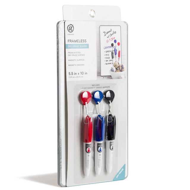 5.5" x 10" Frameless Magnetic Dry Erase Board with 3 Mini Markers - U-Brands
