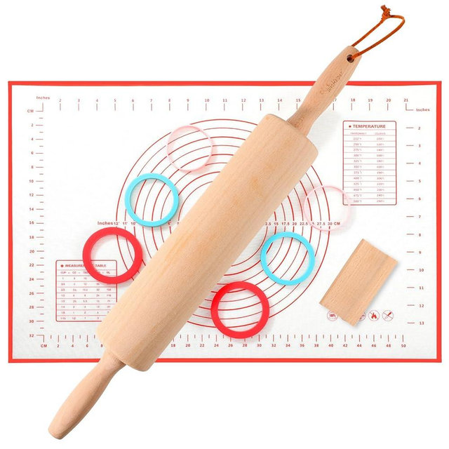 WitHlper Beechwood Rolling Pin Set with 6 Thickness Rings, Non-Slip Silicone Mat,Wood Stand – 17" Dough Roller for Baking, Pizza, Tortilla, Pastry – Wooden Rolling Pin Kit for Even Thickness