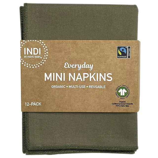 Indi by Kishu Baby - GOTS Certified 100% Organic Cotton Washable Small Cloth Napkins - Set of 12 Fairtrade Soft Muslin Napkins for Every Day Use (Dark Olive)
