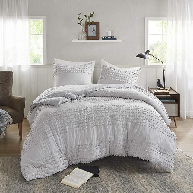 Comfort Spaces Phillips 100% Comforter Set Cotton Jacquard Pom Tufts Design Hypoallergenic Down Alternative, All Season Modern Bedding, Matching Shams, Full/Queen, Grey, 3 Piece